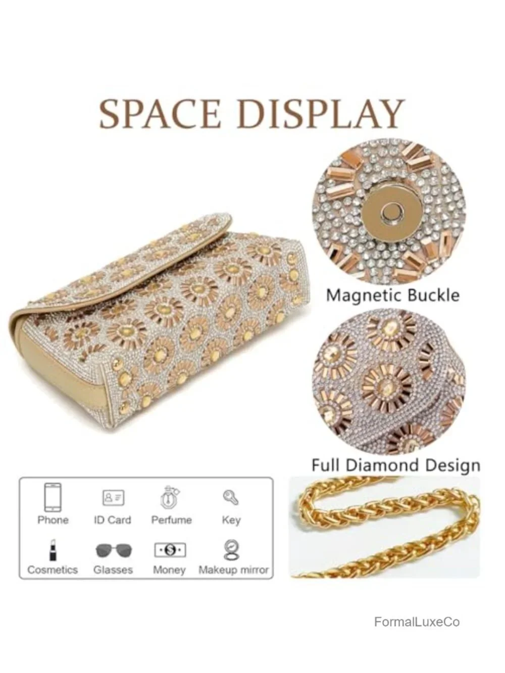 Faux Leather Rhinestone Evening Clutch Crossbody Bag Chain Strap Formal Handbag